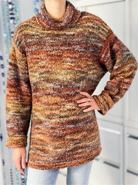 Vintage Bouclé Turtleneck Sweater Longline Oversized Space-Dyed Knit Brown